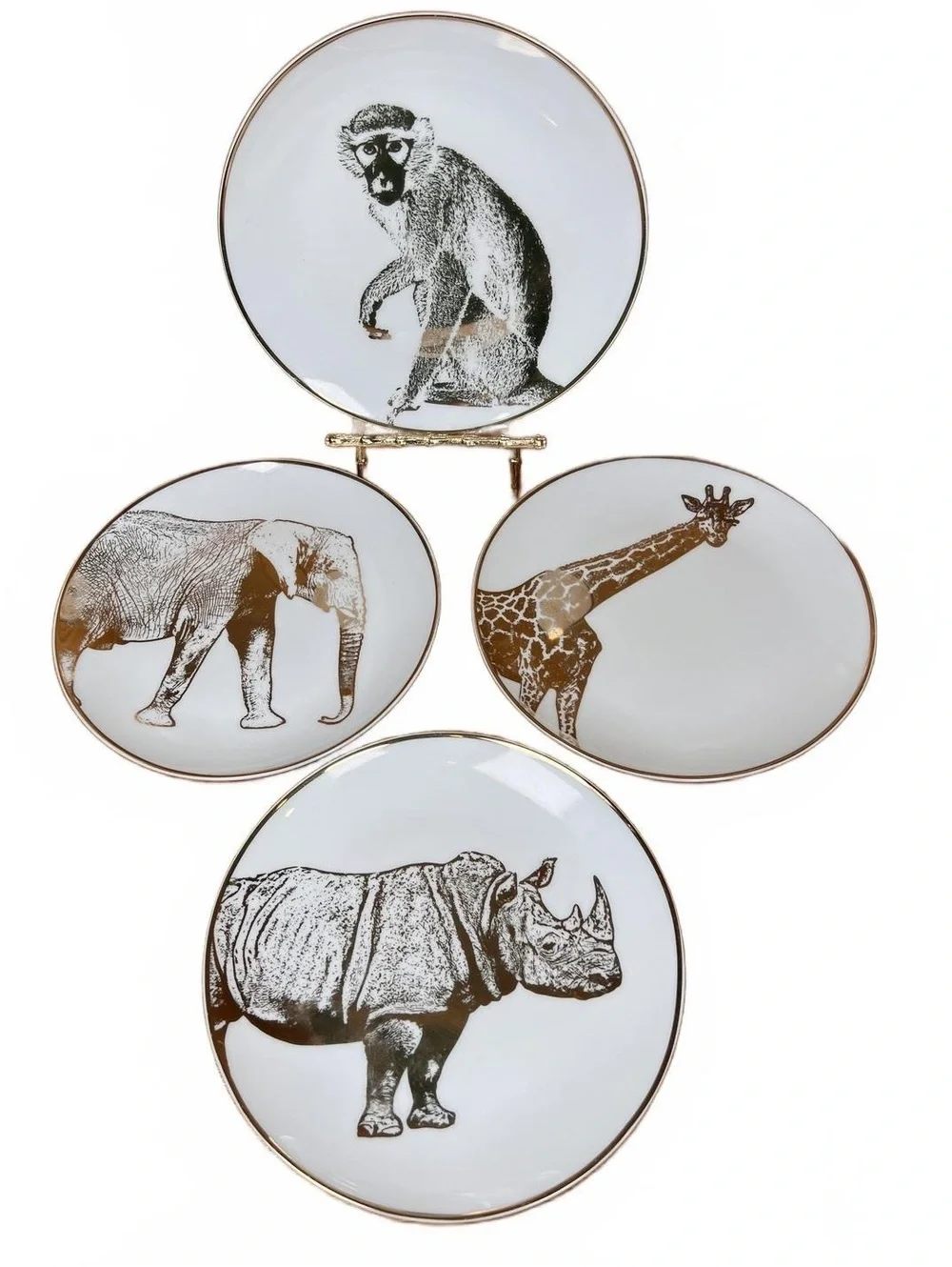 Set of 4 Safari Animal Plates with Real Gold Trim in Round Box